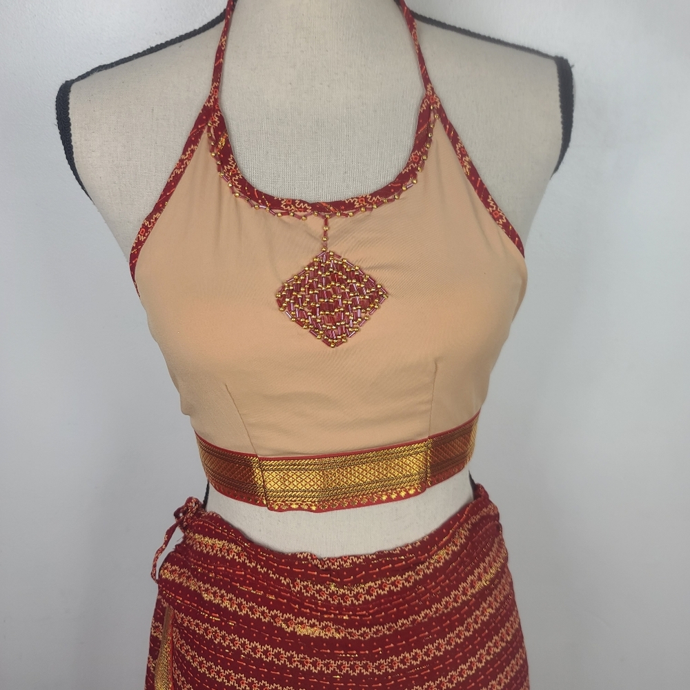 Red Sari Saree Skirt & Running Blouse Border Leheriya Print Regular Wear S - Picture 10 of 16